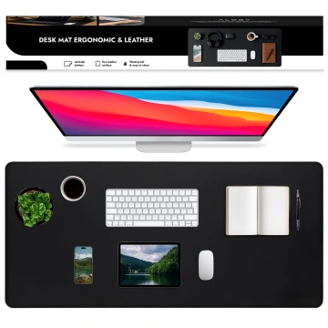 Podkładka na biurko 90×45 cm – antypoślizgowa mata ochronna z eleganckiej ekoskóry PU, pod mysz i klawiaturę, stylowa i trwała – Alogy WorkMat™ Czarna