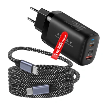 Kabel Zasilający USB-C do USB-C 65W 1m, Szybkie Ładowanie PD, Magnetyczny, Trwały i Elastyczny Przewód Alogy MagiCharge™ – Czarny + Ładowarka Sieciowa 3w1 65W 
