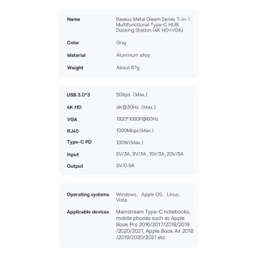 Baseus Metal Gleam Series stacja dokująca HUB 7 w 1 szary (WKWG040013)