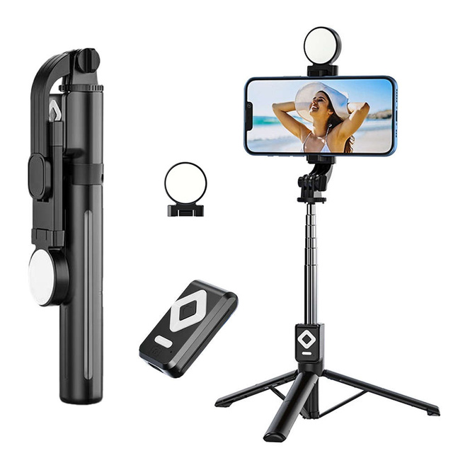 Selfie stick Uchwyt na telefon statyw z podwójną lampą Ring LED Tripod z pilot Bluetooth Czarny