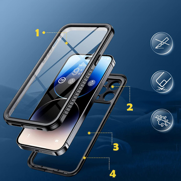 Etui do iPhone 14 Pro wodoodporne pancerne 360 Case Hybrid ochrona aparatu obiektywów IP68 Waterproof czarne