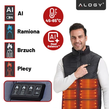 Kamizelka grzewcza z 28 strefami – 4-stopniowa regulacja temperatury, zasilanie USB, idealna na zimę i aktywności outdoor – Alogy ThermoVest™ Czarna (L)