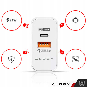 Ładowarka sieciowa USB-A + USB-C – szybkie ładowanie QC 3.0 i PD 33W 65W, kompaktowa, uniwersalna do telefonu i laptopa – Alogy GaN PowerCharge™ Biała