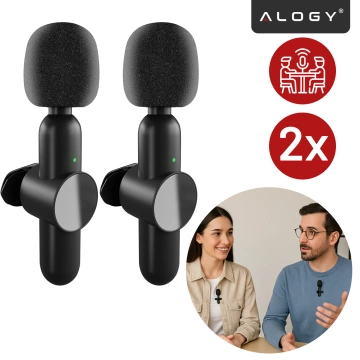 Mikrofon Bezprzewodowy 2x Zestaw - USB-C, redukcja szumu, lekka konstrukcja, zasięg do 20 metrów - 2x Mikrofon Krawatowy z Futerkową Osłoną, Odbiornik do telefonu - Alogy DualVoice™ Czarny