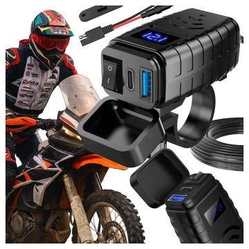 Ładowarka Motocyklowa z Wyświetlaczem, Szybkie Ładowanie 36W PD + QC 3.0, Porty USB-A i USB-C, Wodoodporna i Solidna, Alogy MotoCharge Pro™ – Czarna