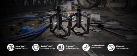 Pedały rowerowe platformowe MTB – aluminiowe, lekkie i wytrzymałe, 9/16”, szeroka platforma, antypoślizgowe piny – RideForce™ Czarne