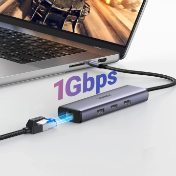 HUB 6w1 Ugreen CM512 USB-C HDMI RJ45 3xUSB-A PD 100W Szary