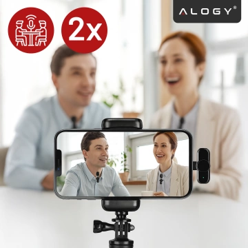 Mikrofon Bezprzewodowy 2x Zestaw - USB-C, redukcja szumu, lekka konstrukcja, zasięg do 20 metrów - 2x Mikrofon Krawatowy z Futerkową Osłoną, Odbiornik do telefonu - Alogy DualVoice™ Czarny