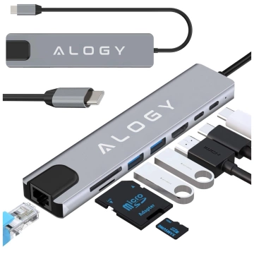 Hub 8w1 USB-C do 2xA+2xC+HDMI+SD+Micro+LAN 100mb – Alogy MultiHub™ Do Notebooka Laptopa