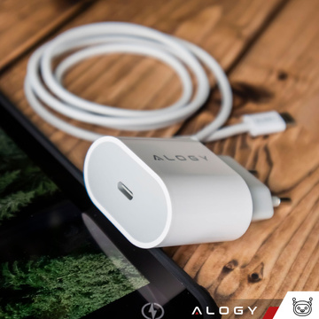 Ładowarka sieciowa szybka mocna 35W USB-C USB typ C PD GaN do iPhone Samsung +Kabel type-C 1m Alogy Biała