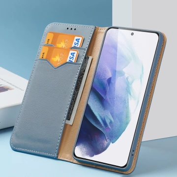 Dux Ducis Hivo skórzane etui z klapką pokrowiec ze skóry naturalnej portfel na karty i dokumenty Samsung Galaxy S22+ (S22 Plus) niebieski