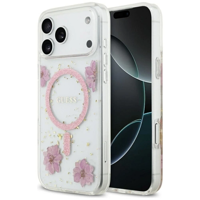 Etui Guess MagSafe do iPhone 17 Pro Max Resin Flowers Glitter Pink