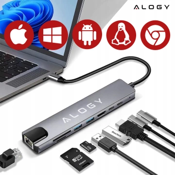 8-in-1-Hub mit USB-C auf 2xA, 2xC, HDMI, SD, Micro-LAN 100 Mbit/s – Alogy MultiHub™ für Notebooks und Laptops