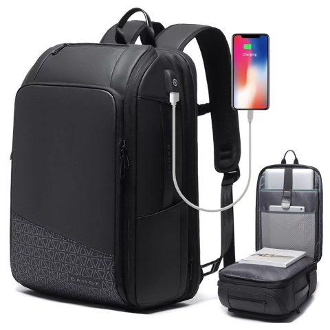 Wasserdichter Rucksack von Bange für Laptops bis 15,6 Zoll, ideal für Städtetrips, 49 x 31 x 18 cm, erweiterbar für Arbeit und Flugreisen, für Damen und Herren, mit USB-Anschluss, Schwarz