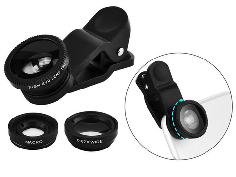 Zestaw 3 obiektywów soczewek do telefonu macro fish eye wide czarne