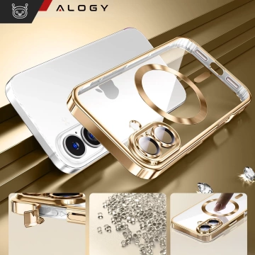 Etui Case MagSafe Case do iPhone 16 Plus Glamour Luxury obudowa Slim Ring Alogy złote przezroczyste + szkło hartowane