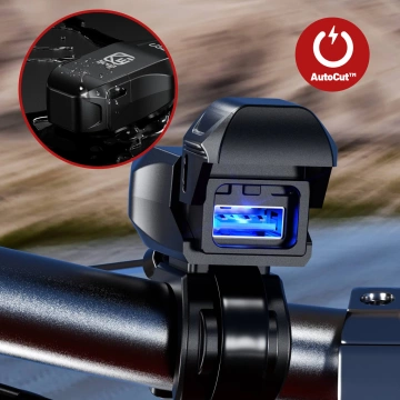 Kewig USB-A Motorradladegerät 18W, QC-Schnellladung, wasserdicht (IP65) mit Ein-/Ausschalter und LED-Hintergrundbeleuchtung, Lenkerhalterung, für Handy, Kamera und Gegensprechanlage – Schwarz