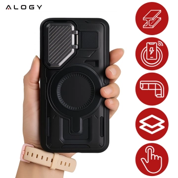 Etui do Samsung Galaxy S25 Case do MagSafe Wzmocniona Pancerna ochrona obiektywów z funkcją podstawki obudowa ochronna na telefon Alogy HeavyDuty Mag™️Czarne