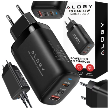 Alogy GaNCharge Kompaktes 3-in-1-Wandladegerät, schnelles Laden, GaN3, 65 W, USB-A, 30 W, 2 x USB-C, 65 W, Schwarz