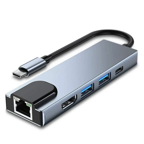 Ecobox Adapter Dex Typ-C HDMI USB RJ45 Typ-C Silber