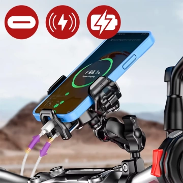 Uchwyt Motocyklowy na kierownicę KEWIG M33-A1 na telefon z ładowarką Qi 15W + PD 30W USB-C z systemem przeciwwstrząsowym na motor quada skuter Czarny