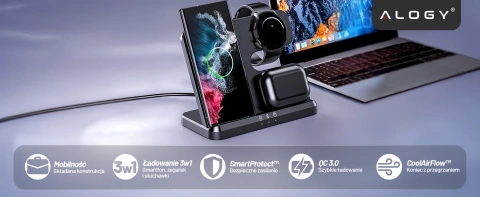 Ładowarka Bezprzewodowa Indukcyjna 3w1 Qi 3.0 Szybka do Samsung S22 S23 S24 S25 Galaxy Watch Buds Stacja czarna 