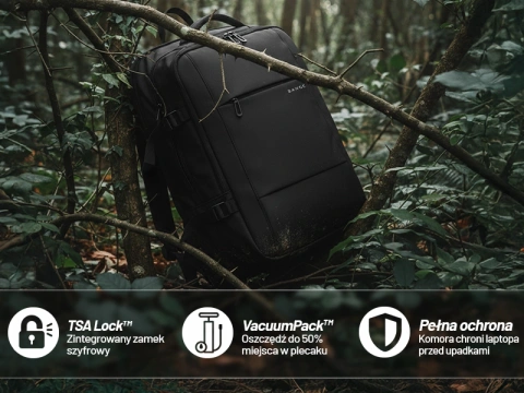 Pleacak wodoodporny Bange na laptopa miejski podróżny 46x30.5x20 cm z możliwością rozszerzenia do pracy samolotu męski damski z przegrodą próżniową + pompka próżniowa Czarny