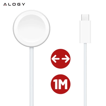 Kabel ładowarka indukcyjna Qi do Apple Watch – magnetyczna, złącze USB-C Type-C, szybkie i stabilne ładowanie, długość 1m 100cm, Alogy WatchCharge™ Biała