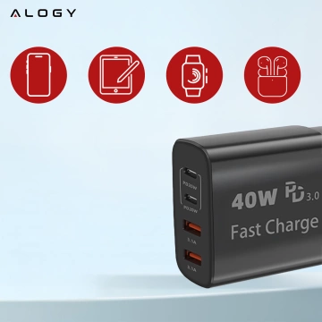 Ładowarka sieciowa 40W 2x USB 2x USB-C Alogy Super Fast Charger Szybkie ładowanie PowerDelivery PD Czarna