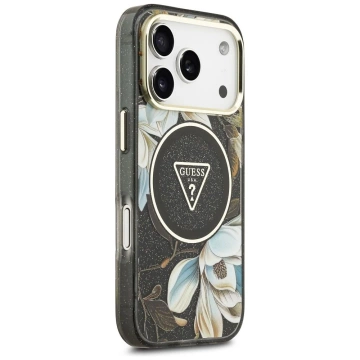 Etui Guess MagSafe do iPhone 17 Pro IML Glitter Flowers Triangle Black