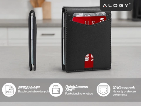 RFID-Schutzhülle für Geldbörsen, blockiert Signale für Karten und Dokumente, dünn, klein, Alogy, Herren- und Damengeldbörse, Schwarz
