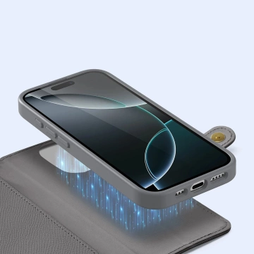 Etui skórzane do iPhone 16 Pro Max Dux Ducis Lawa z portfelem MagSafe szare
