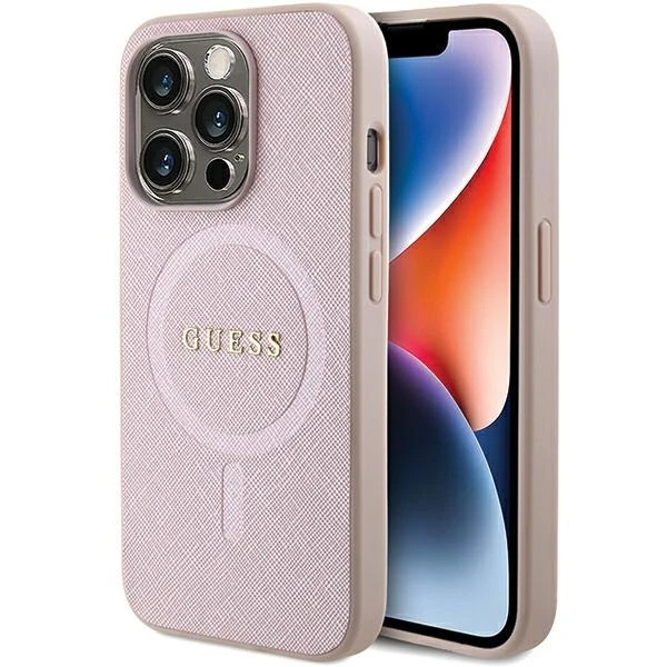Guess GUHMP15LPSAHMCP Hülle für iPhone 15 Pro 6,1" Rot/Pink Saffiano MagSafe Hardcase
