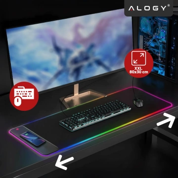 Podkładka na biurko z oświetleniem LED RGB pod myszkę mysz klawiaturę z ładowarką Qi do telefonu Alogy QiGlow Pro Mata ochronna antypoślizgowa gamingowa XL 80x30 cm Czarna