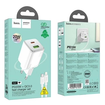 Ładowarka Hoco N41 GaN 20W USB-C + USB-A + Kabel USB-C Lightning Biała