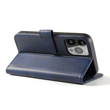 Etui na telefon Magnet Case do iPhone 13 Pro Max elegancki futerał etui pokrowiec z klapką i funkcją podstawki niebieski