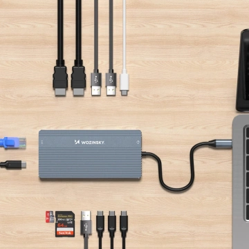 Hub USB-C 14w1 Wozinsky WDS03Y5S 3x 4K HDMI/DP 100W PD Szary