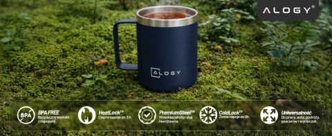 Thermobecher 420 ml mit Griffdeckel für Kaffee, Tee, kalte und warme Getränke aus Stahl, Alogy, Marineblau