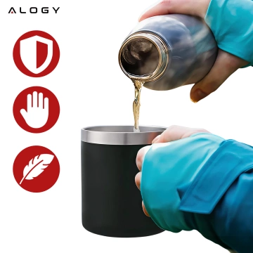 Thermobecher 420 ml mit Henkel und Deckel für Kaffee, Tee, Stahl, Kalt- und Heißgetränke, Alogy Black