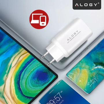 Ładowarka Sieciowa Szybka 3w1 do telefonu samsung iphone GaN3 65W PD i QC, Porty 2x USB-C 65W + USB-A 30W, Alogy GaNCharge Compact™ – Biała