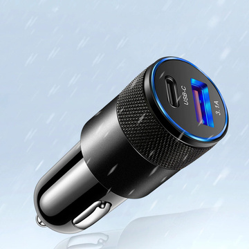 Ładowarka samochodowa Alogy do auta USB-C Type C + USB 3.1A Czarna + Kabel 1m USB-C do Lightning  + Etui