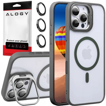 Etui hybrydowe ochronne do Apple iPhone 16 Pro Max Alogy KickStand Hybrid Case z podpórką do MagSafe Szare + szkło hartowane