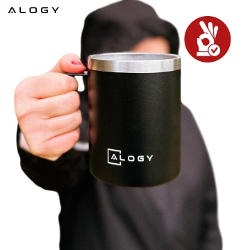Thermobecher 420 ml mit Henkel und Deckel für Kaffee, Tee, Stahl, Kalt- und Heißgetränke, Alogy Black
