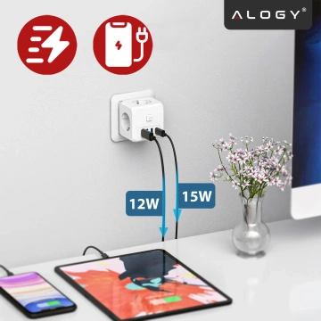 Rozgałęźnik sieciowy rozdzielacz Ładowarka adapter złodziejka 3 gniazdka EU 3x USB + USB-C C 7w1 Alogy Biały