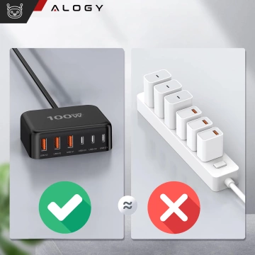 Ładowarka sieciowa 6w1 Super Szybkie Ładowanie 100W GaN 3x USB 3x USB-C Alogy Super Quick Charger Czarna