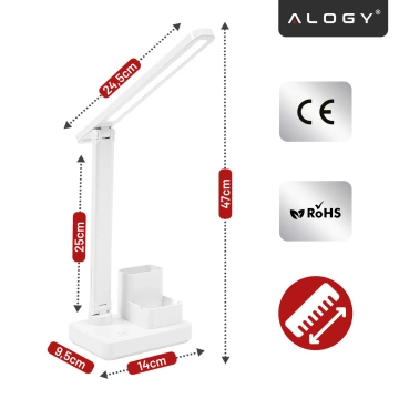 Lampka biurkowa nocna LED – akumulator 2400 mAh, organizer na długopisy i telefon, regulowane światło, idealna na biurko i do nauki – Alogy Light&Organize™ Biała