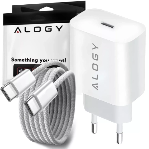 Ładowarka sieciowa szybka 30W USB-C USB typ C GaN PD do iPhone kostka Alogy Biała + Kabel USB-C 1m