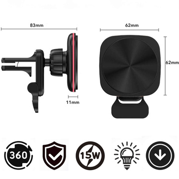 Uchwyt samochodowy na kratkę z ładowarką Mag Safe 15w do iPhone LED PD QC 3.0 do kratki wentylacyjnej auta Alogy czarny