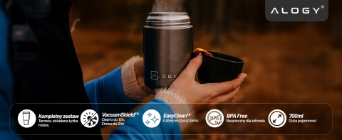 Termos pojemnik obiadowy na jedzenie żywność zupę lód  dla dzieci 700ml Alogy ze stali nierdzewnej + składana łyżeczka termiczny szary