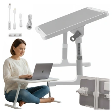 Stolik składany regulowany 60×35 cm – biurko na laptopa z szufladą i portem USB, składane nogi, stabilna konstrukcja do pracy i nauki – Alogy FoldDesk™